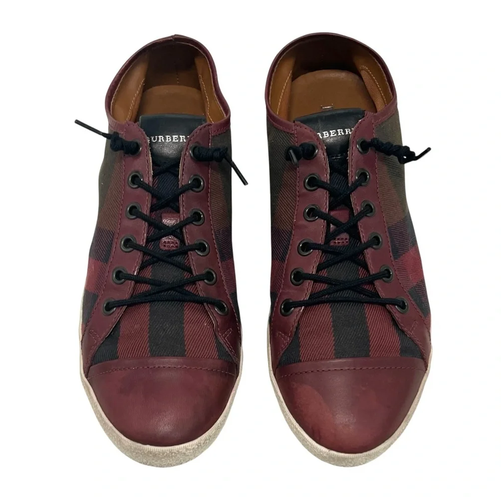 Burberry Harowby Maroon Black Olive Nova Check Low Top Sneakers Leather Trim 38 - Picture 3 of 13